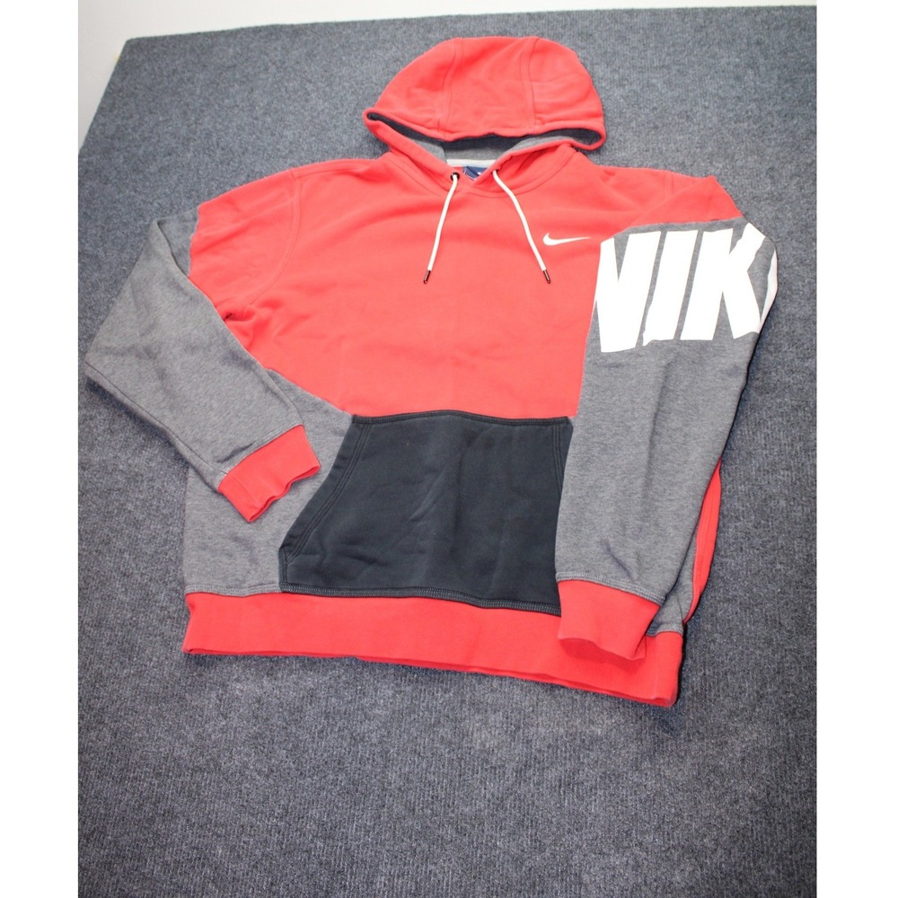 Nike Mens Colorblock Hoodie Red Grey Black Graphic Sleeve Swoosh Large
